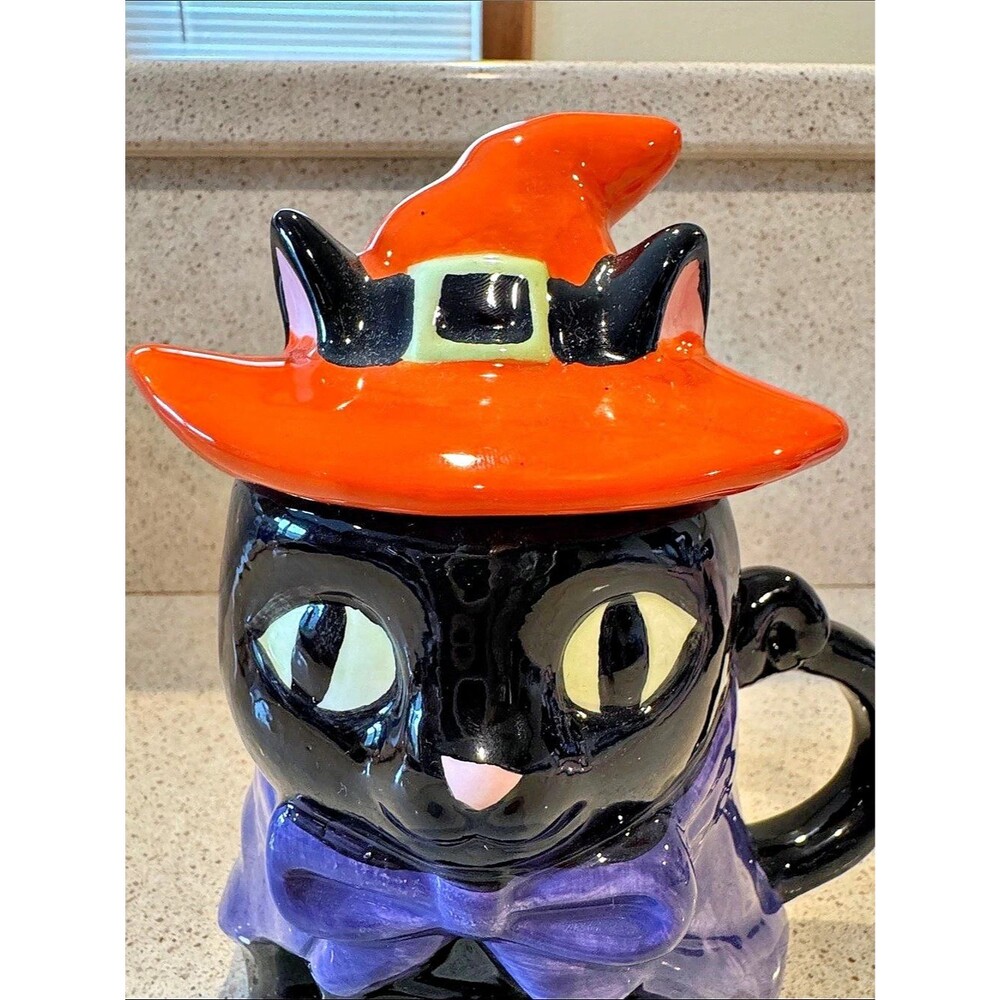 Jack O’ Lantern Lane Halloween Witch Cat Mugs Set of 2 Orange and Pink - Picture 7 of 8